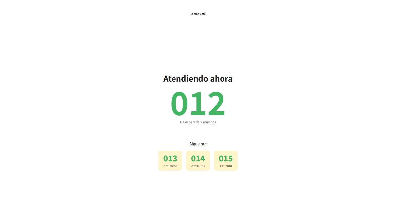 Pantalla de cola que llama al número 012, con 013, 014 y 015 esperando.