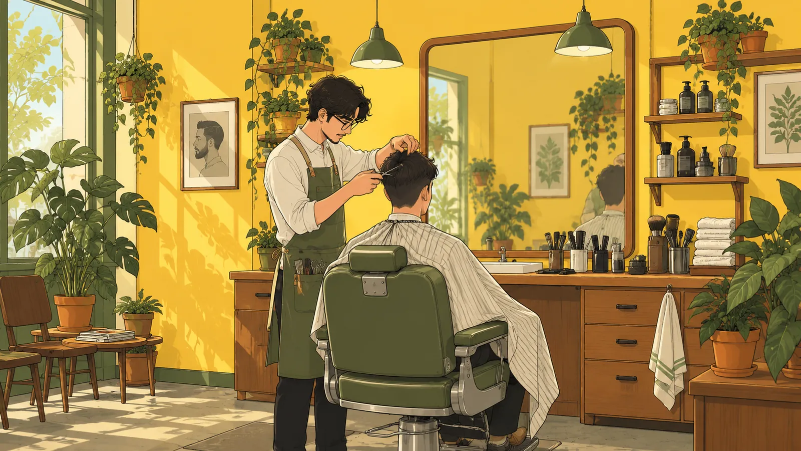 A barber cutting a customer’s hair in a bright barbershop