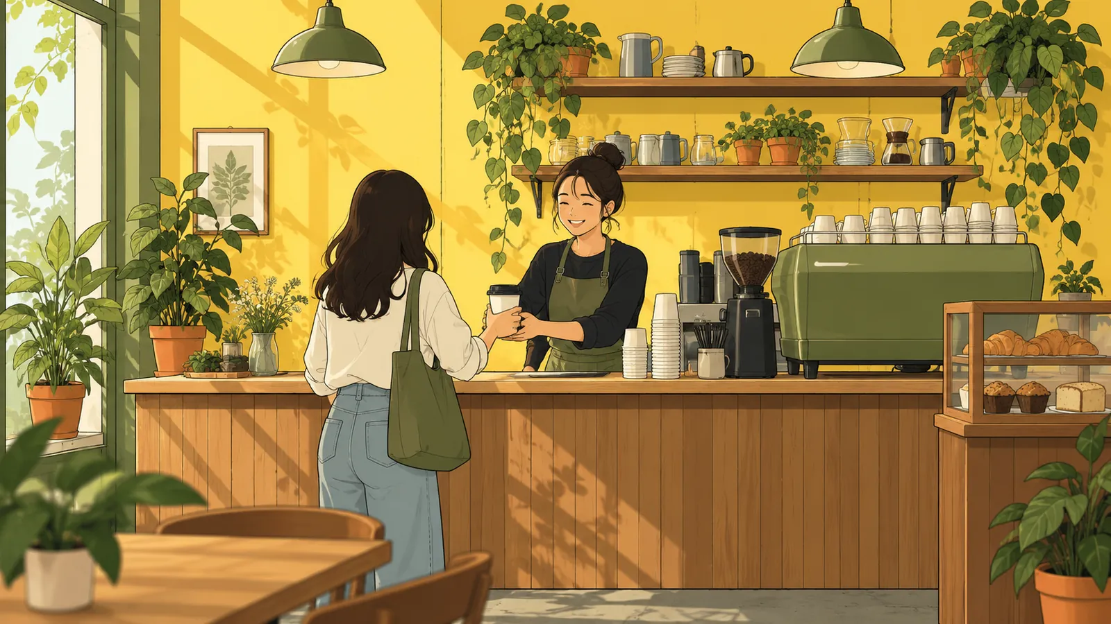 A café worker handing a coffee to a customer at a wooden pickup bar