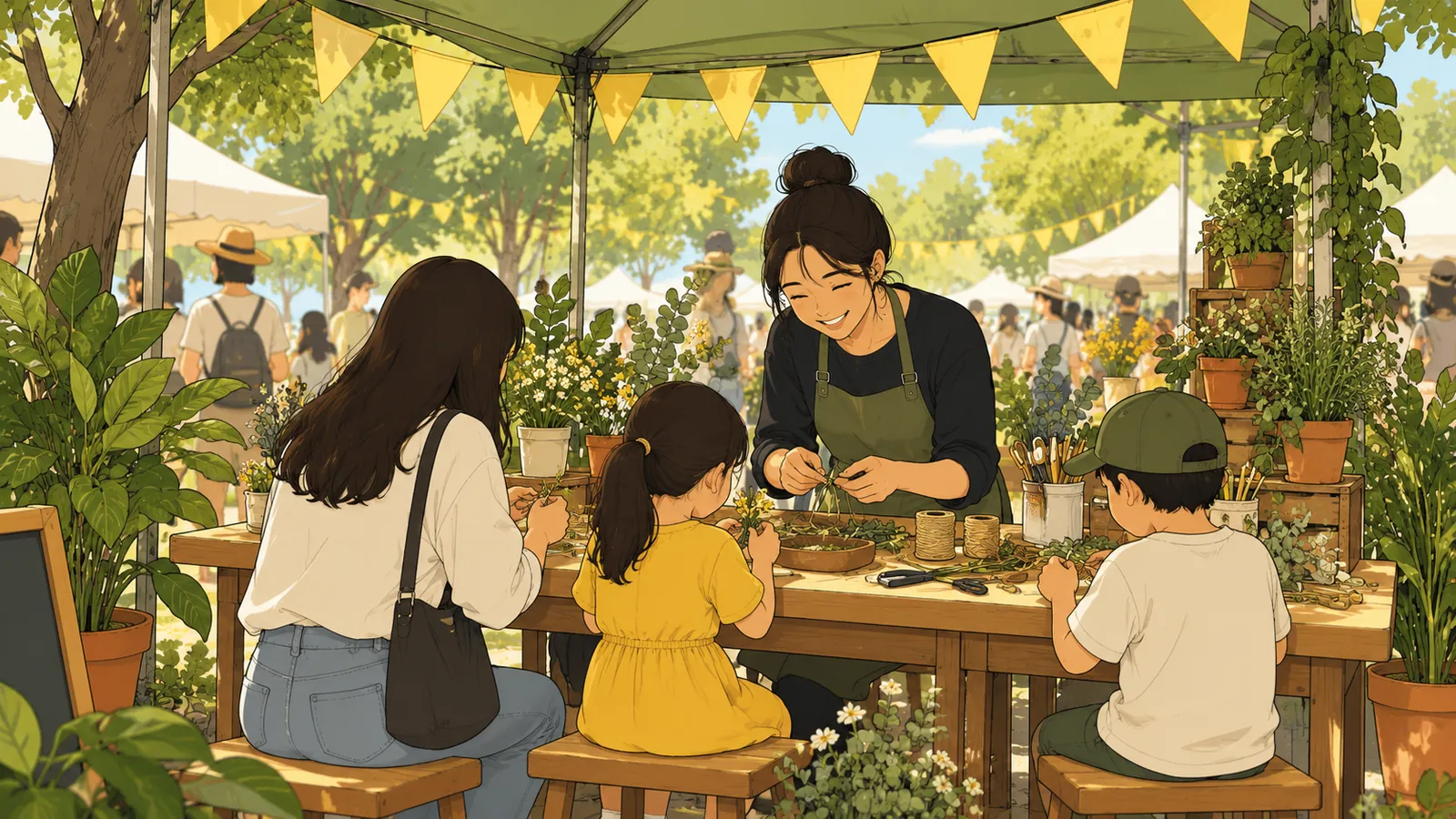 Visitors taking part in an activity at an outdoor festival