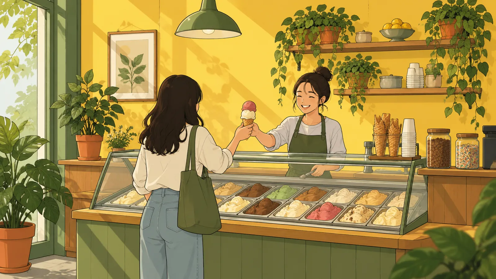 An ice cream worker serving a cone beside a glass ice cream counter