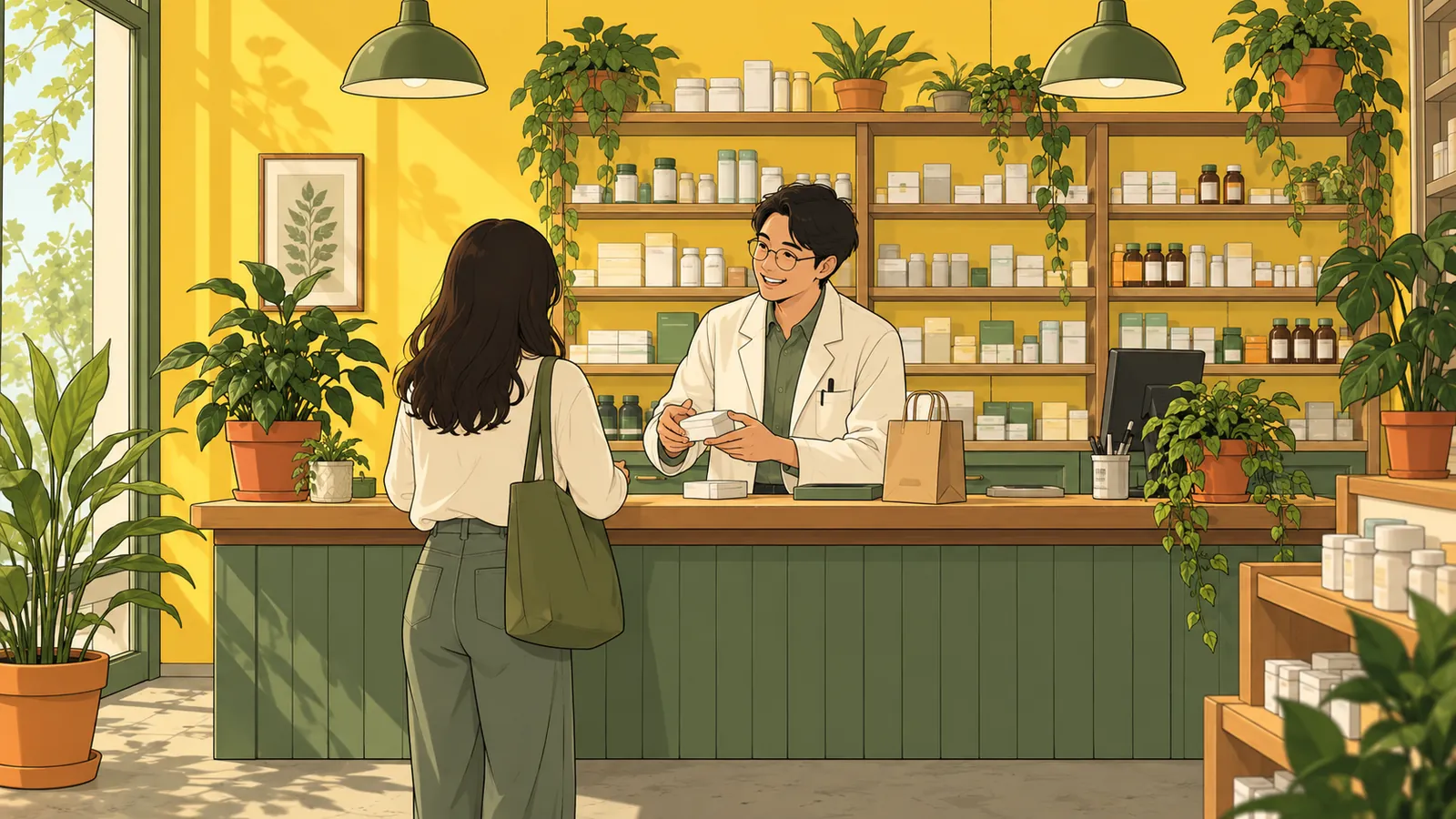 A pharmacist helping a customer at a counter with medicine shelves