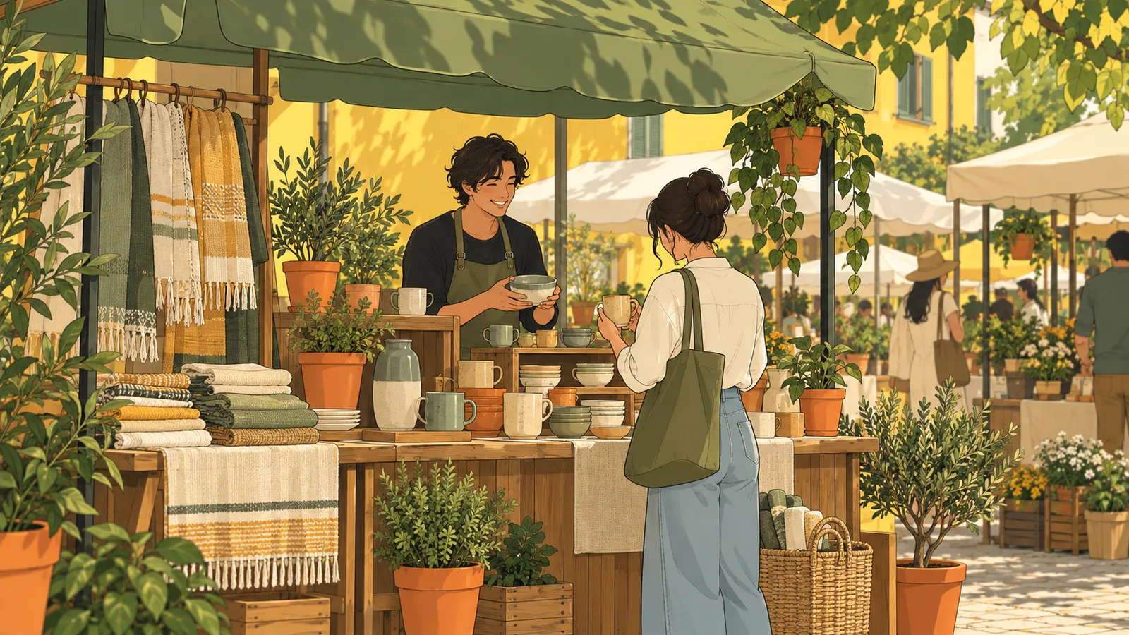 A shopper visiting a wooden stall at a pop-up market
