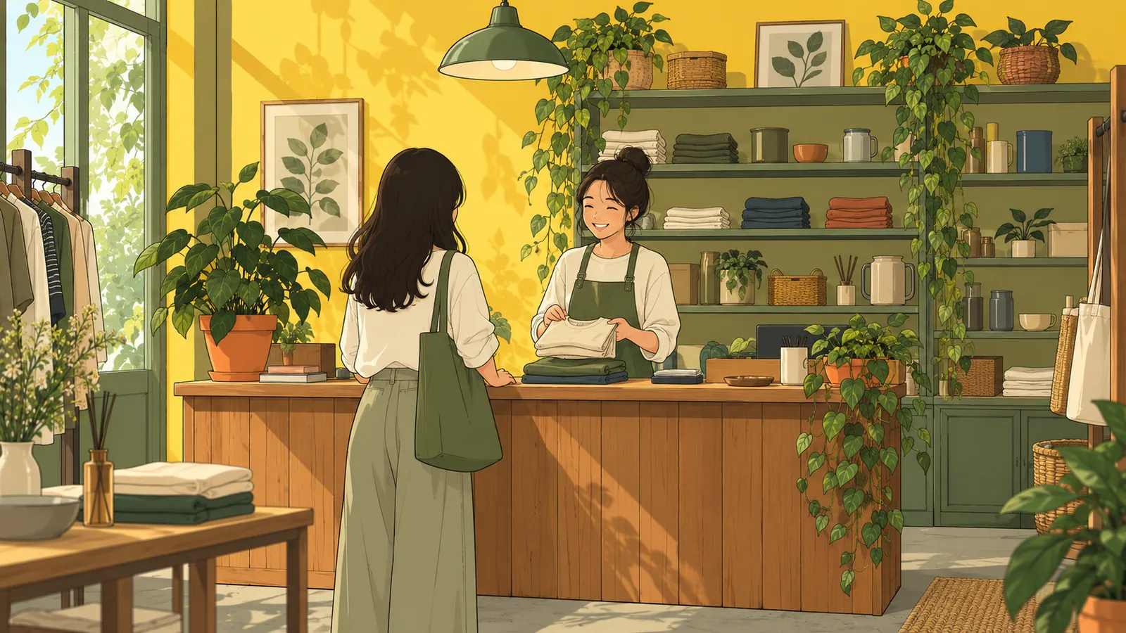 A shop assistant helping a customer at a wooden help desk