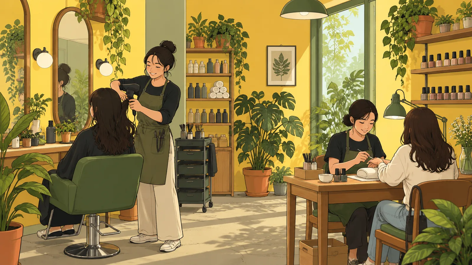 บริการทำผมและทำเล็บในร้านสงบที่มีโต๊ะทำงานไม้